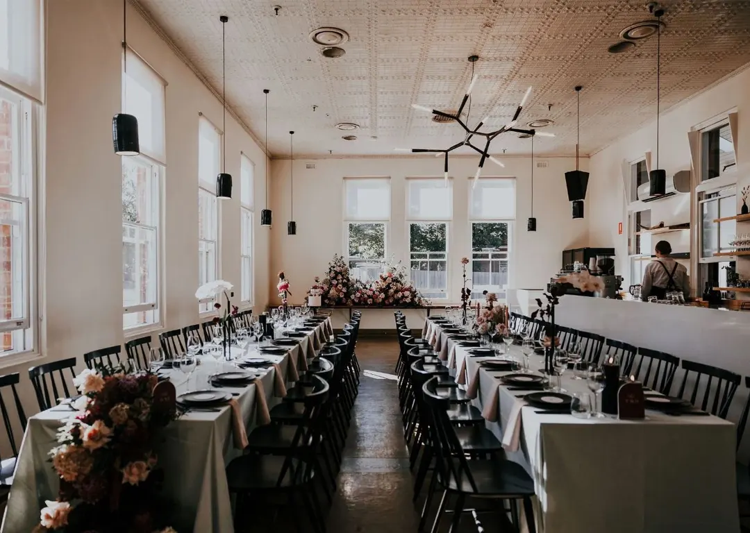 Wedding reception tables set for guests at The Agrarian Kitchen, New Norfolk, Tasmania