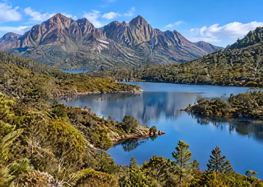 Jagged peaks of Cradle Mountain reflected in the calm waters of Dove Lake surrounded by Tasmanian native alpine forest