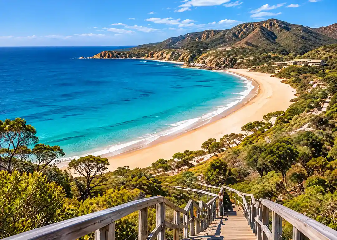 Wooden staircase walkway leading down through coastal greenery to a curved sandy beach and turquoise ocean bay in Australia
