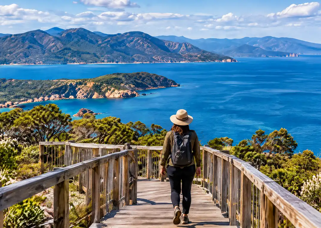 Female traveller with sun hat and backpack walking down a wooden boardwalk lookout path overlooking a panoramic blue ocean bay and coastal mountains in Tasmania